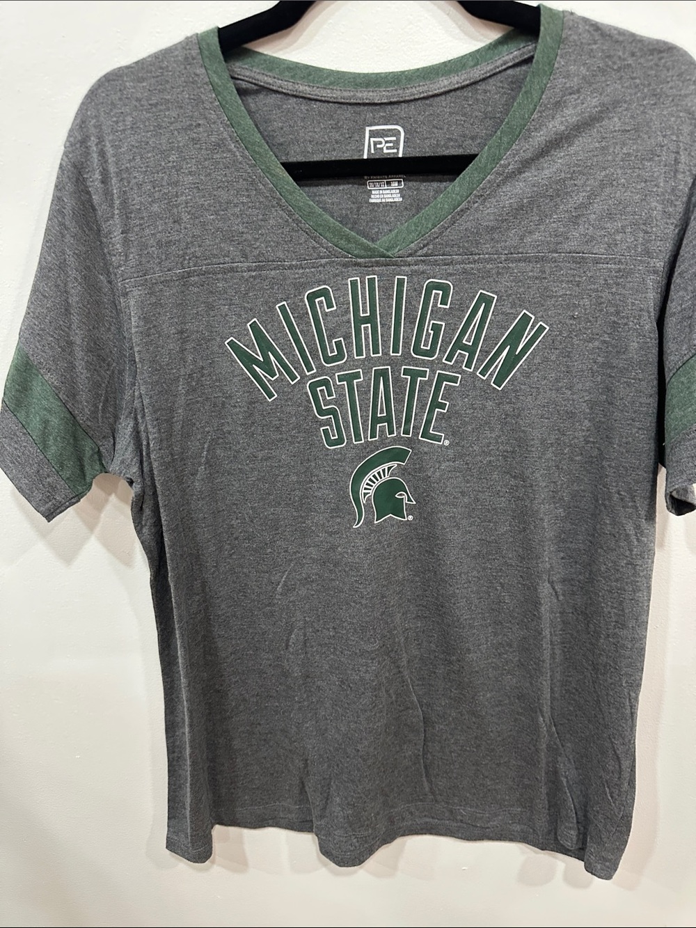 Michigan State Gray V-Neck Tee with Green Trim